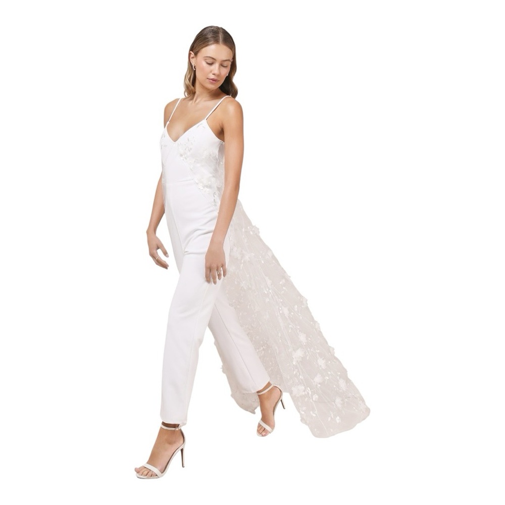 Lulus Extreme Elegance White Mesh Floral Embroidered Cape Jumpsuit